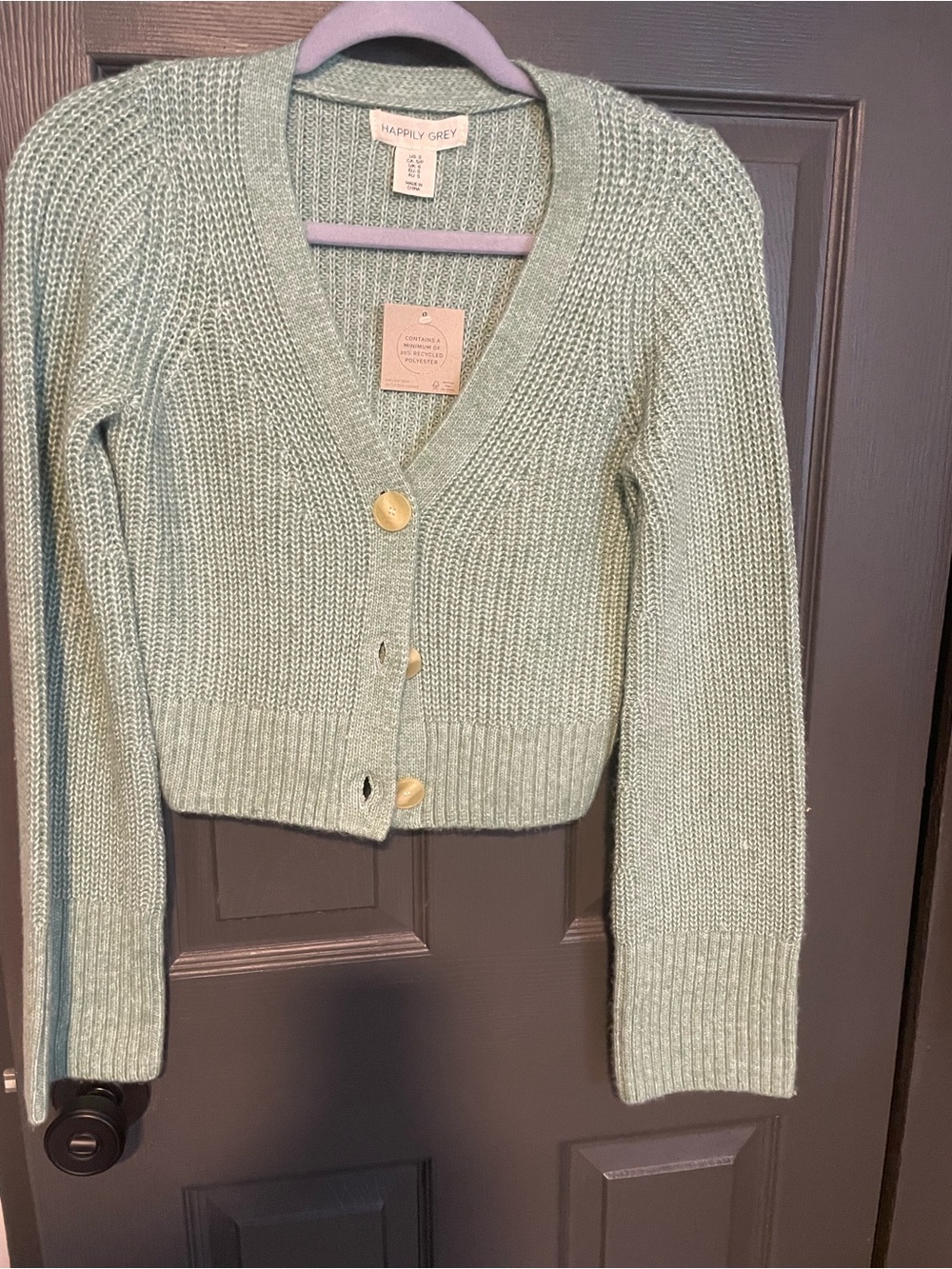 Happily Grey Mint Green Cropped V-Neck Button Cardigan